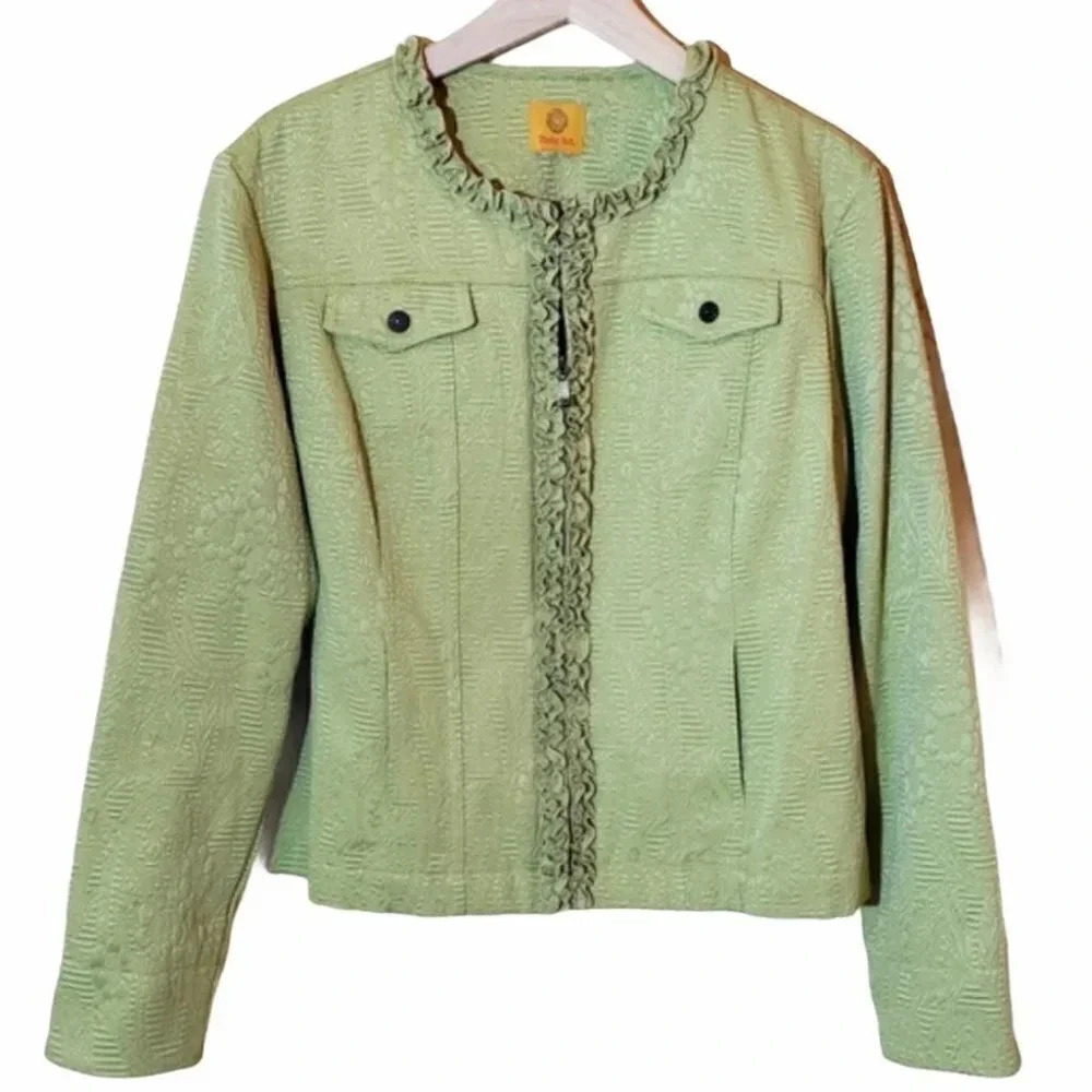 Ruby Rd. Jacket‎ Size L Green Ruffle Trim Zip Front Textured Jacquard Shacket